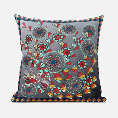 20" X 20" Blue and Gray Peacock Broadcloth Floral Zippered Pillow