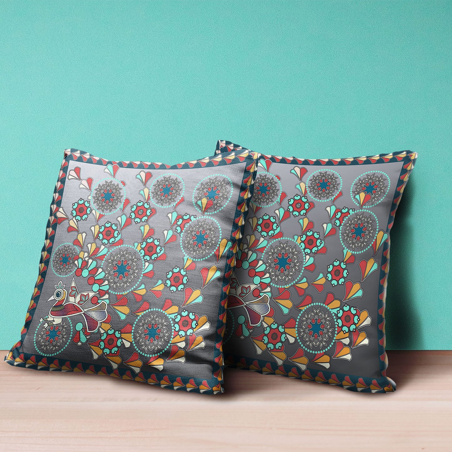 20" X 20" Blue and Gray Peacock Broadcloth Floral Zippered Pillow