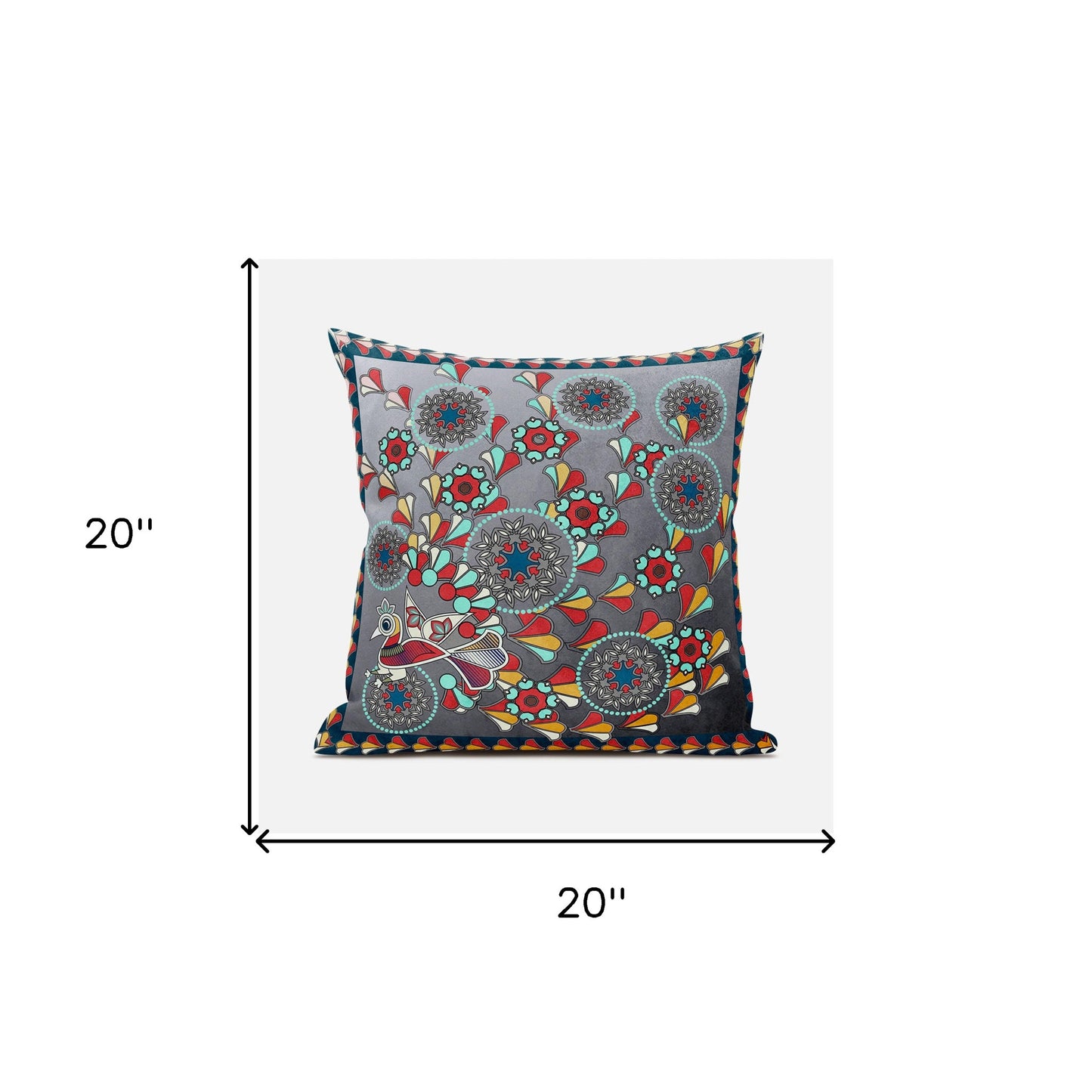 20" X 20" Blue and Gray Peacock Broadcloth Floral Zippered Pillow