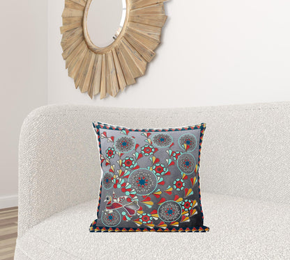 20" X 20" Blue and Gray Peacock Broadcloth Floral Zippered Pillow
