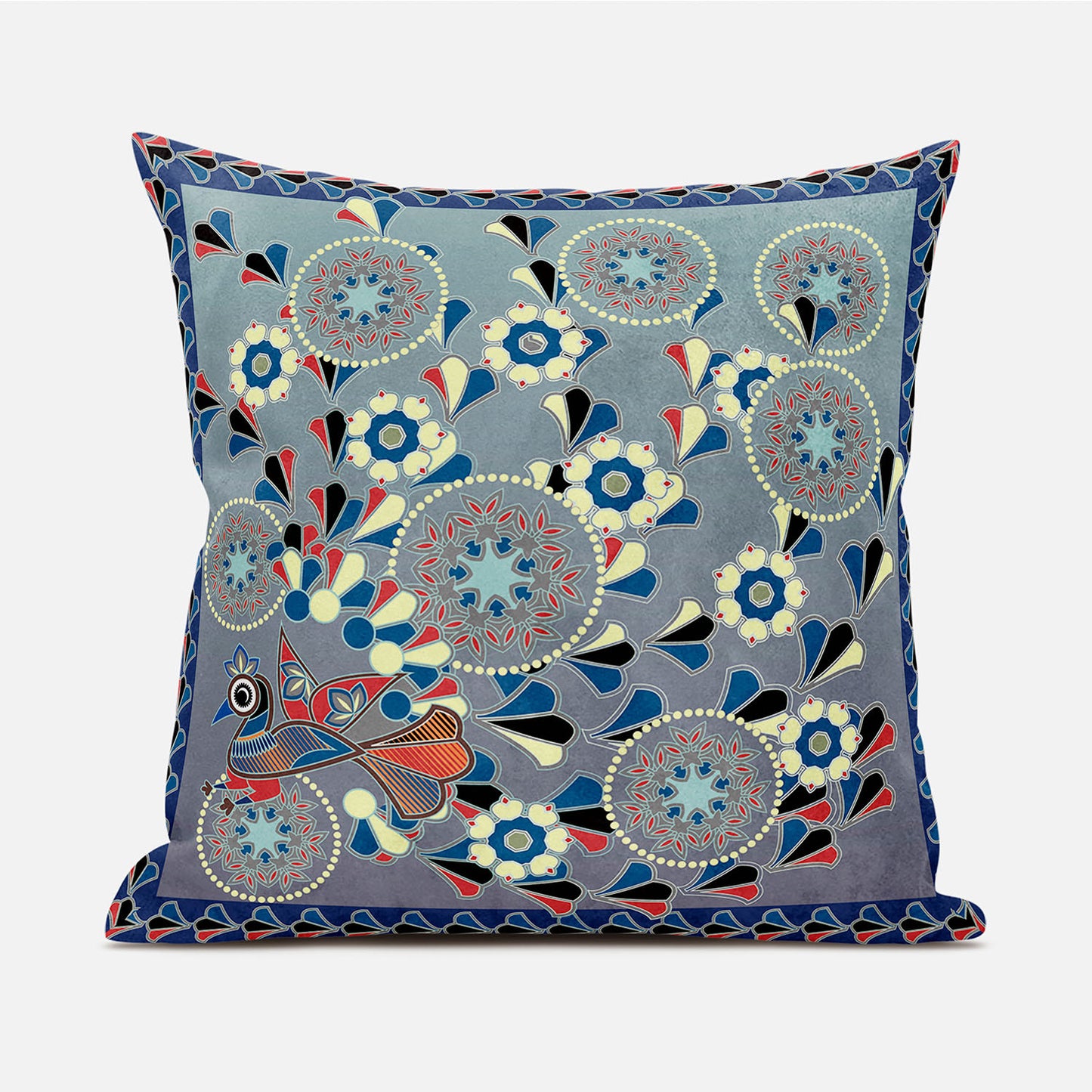 16" X 16" Blue and Gray Peacock Broadcloth Floral Zippered Pillow