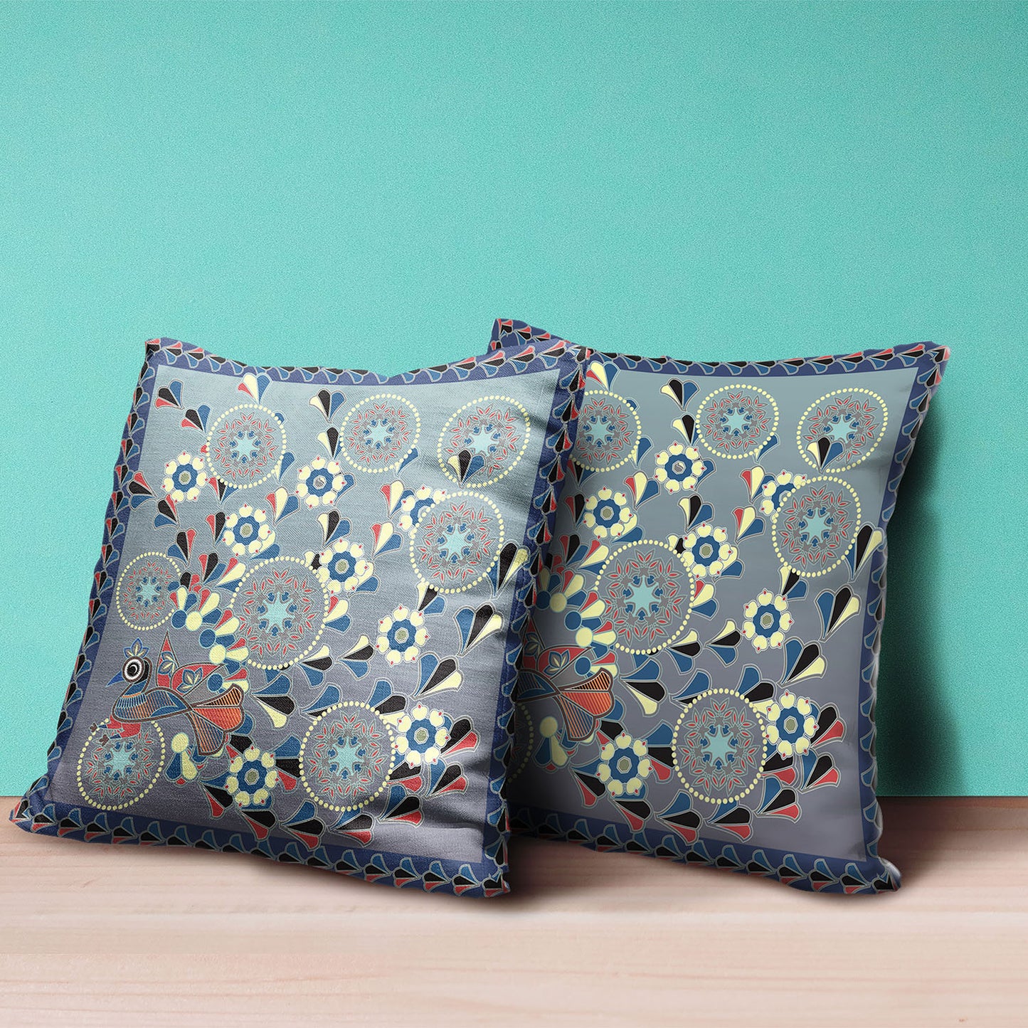 16" X 16" Blue and Gray Peacock Broadcloth Floral Zippered Pillow