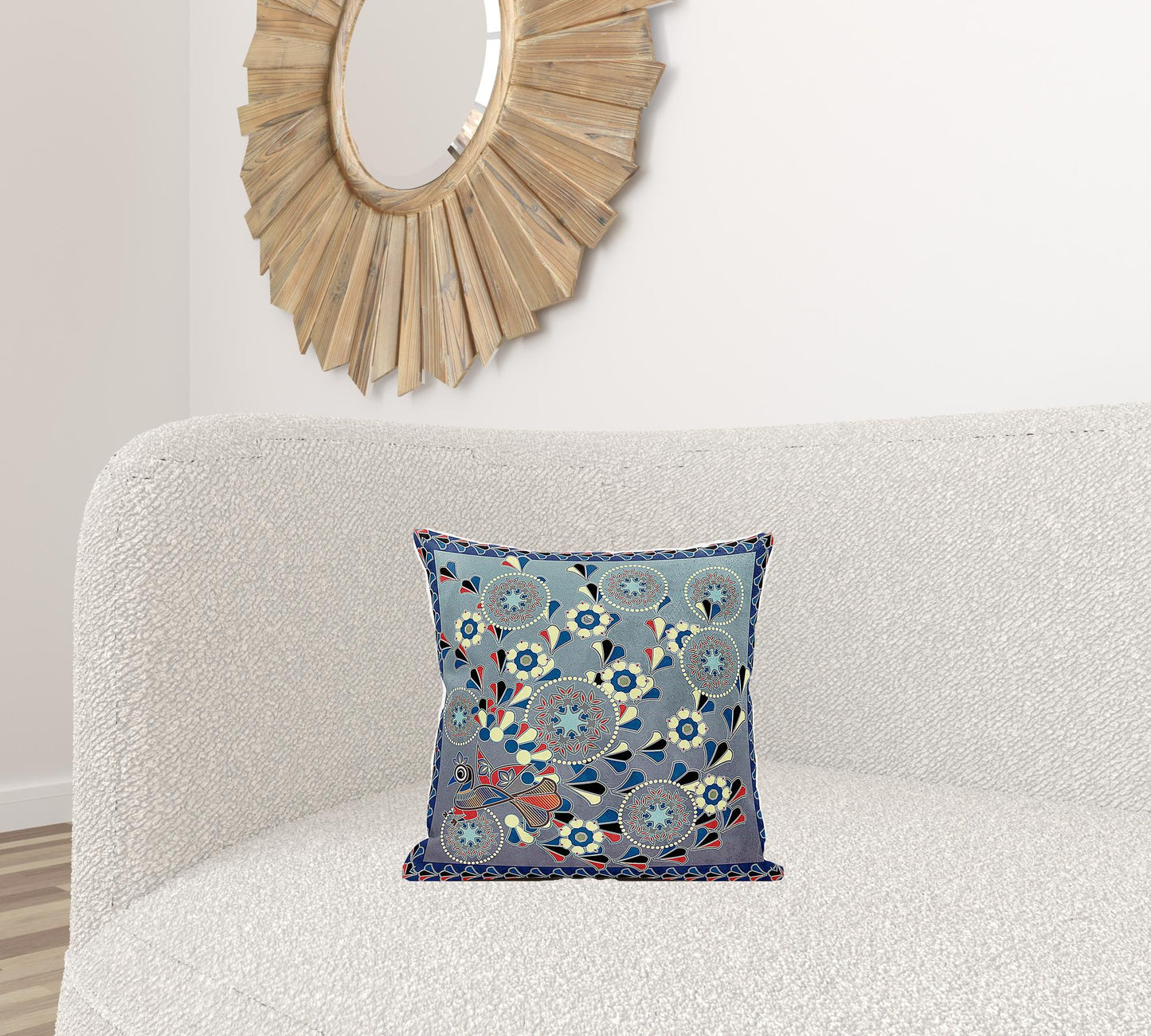 16" X 16" Blue and Gray Peacock Broadcloth Floral Zippered Pillow