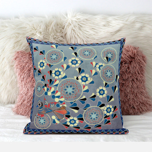 18" X 18" Blue and Gray Peacock Broadcloth Floral Zippered Pillow