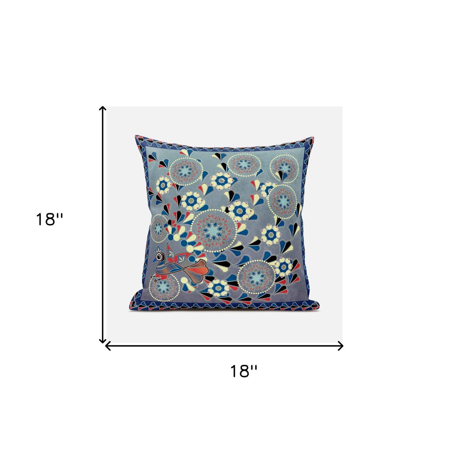 18" X 18" Blue and Gray Peacock Broadcloth Floral Zippered Pillow