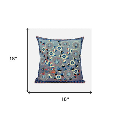 18" X 18" Blue and Gray Peacock Broadcloth Floral Zippered Pillow
