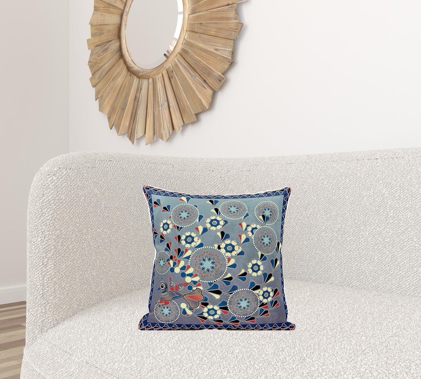 18" X 18" Blue and Gray Peacock Broadcloth Floral Zippered Pillow