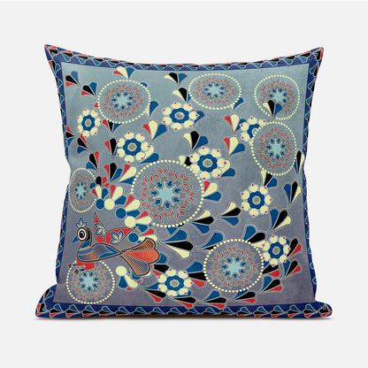 20" X 20" Blue and Gray Peacock Broadcloth Floral Zippered Pillow