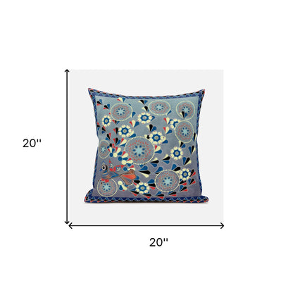 20" X 20" Blue and Gray Peacock Broadcloth Floral Zippered Pillow