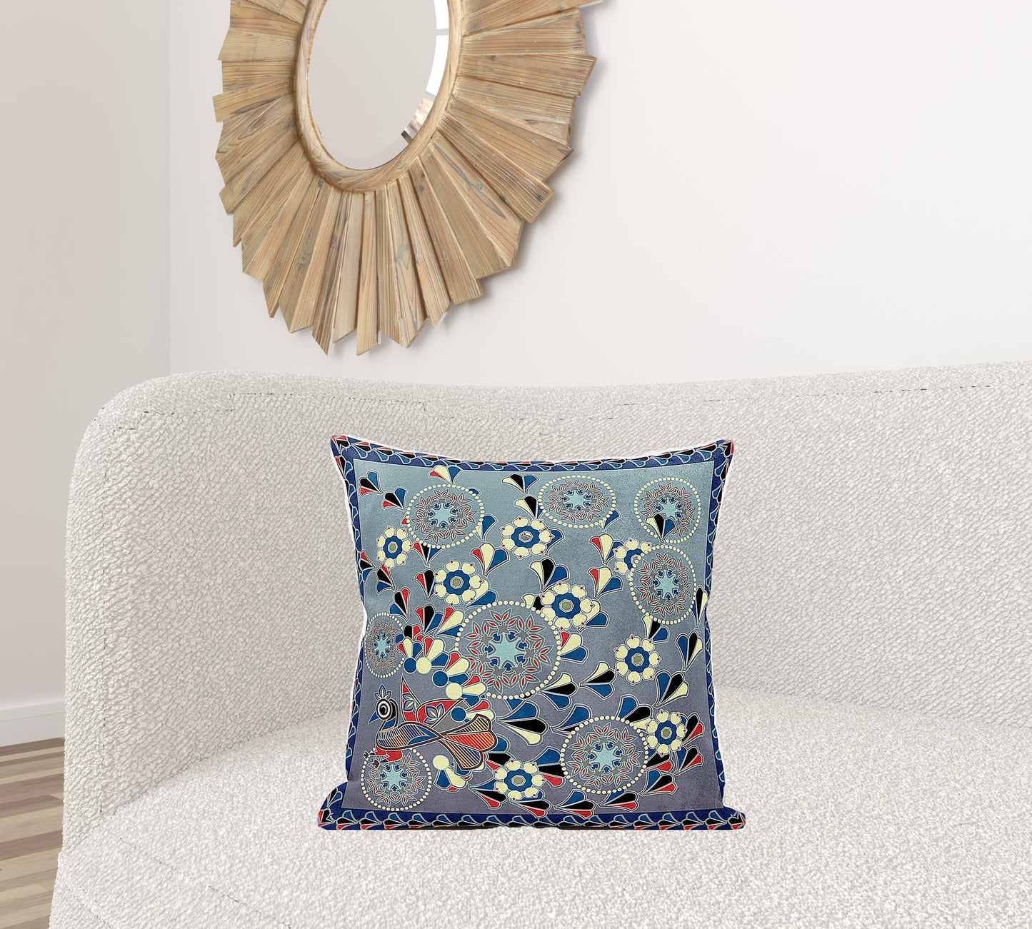 20" X 20" Blue and Gray Peacock Broadcloth Floral Zippered Pillow
