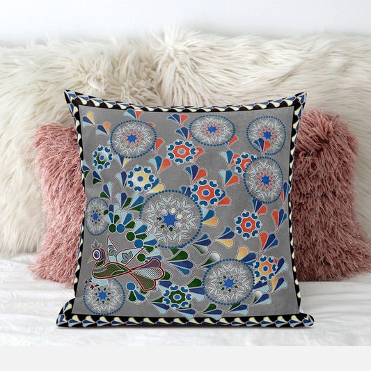 16" X 16" Gray and Yellow Peacock Broadcloth Floral Zippered Pillow