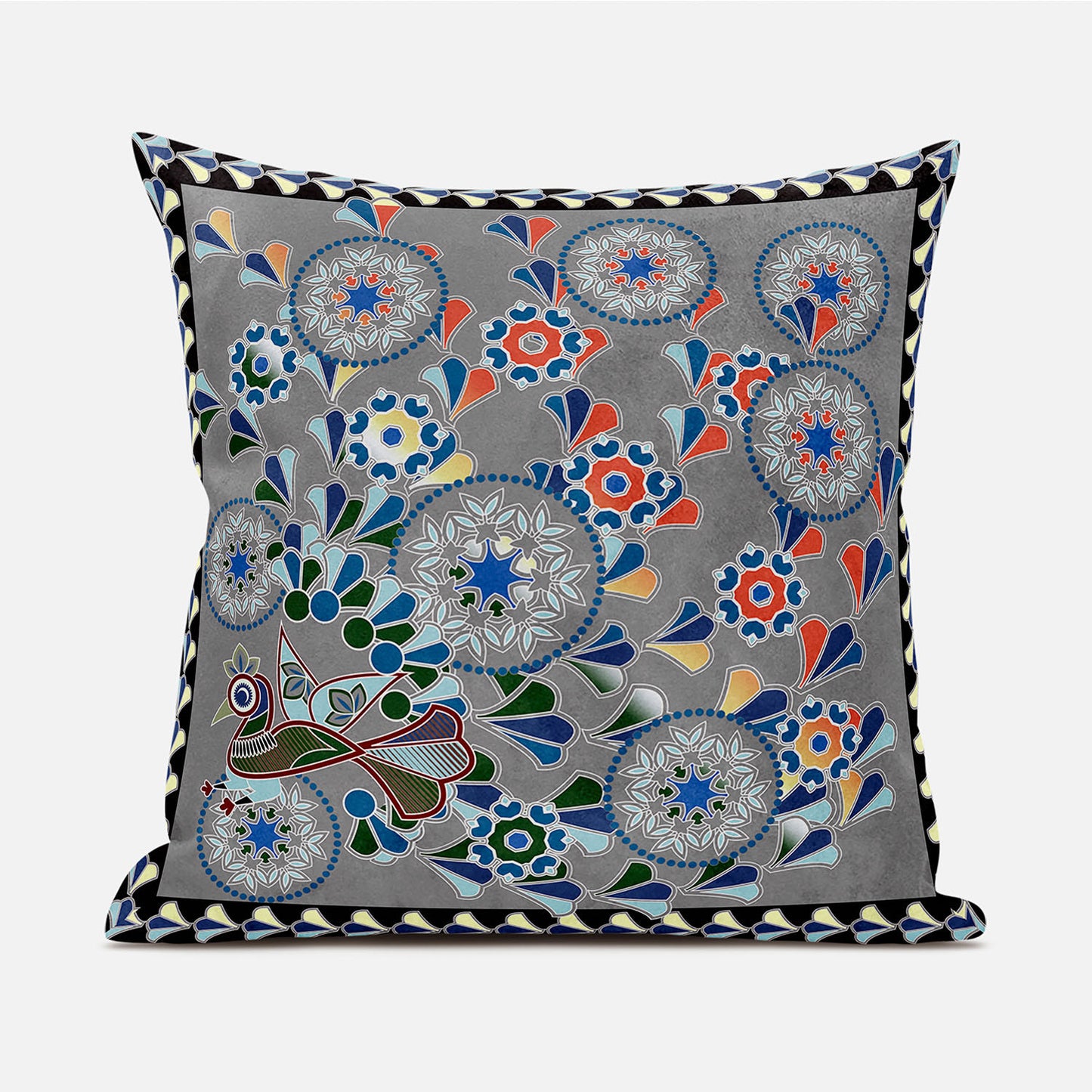 16" X 16" Gray and Yellow Peacock Broadcloth Floral Zippered Pillow