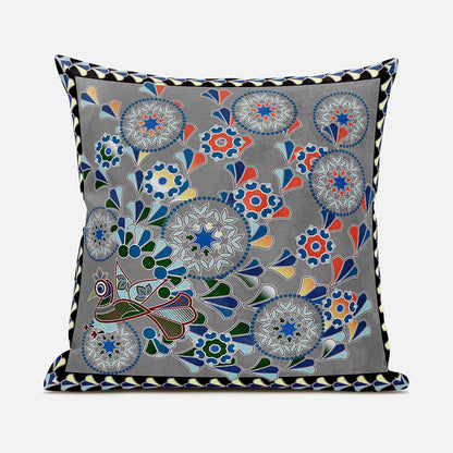 16" X 16" Gray and Yellow Peacock Broadcloth Floral Zippered Pillow