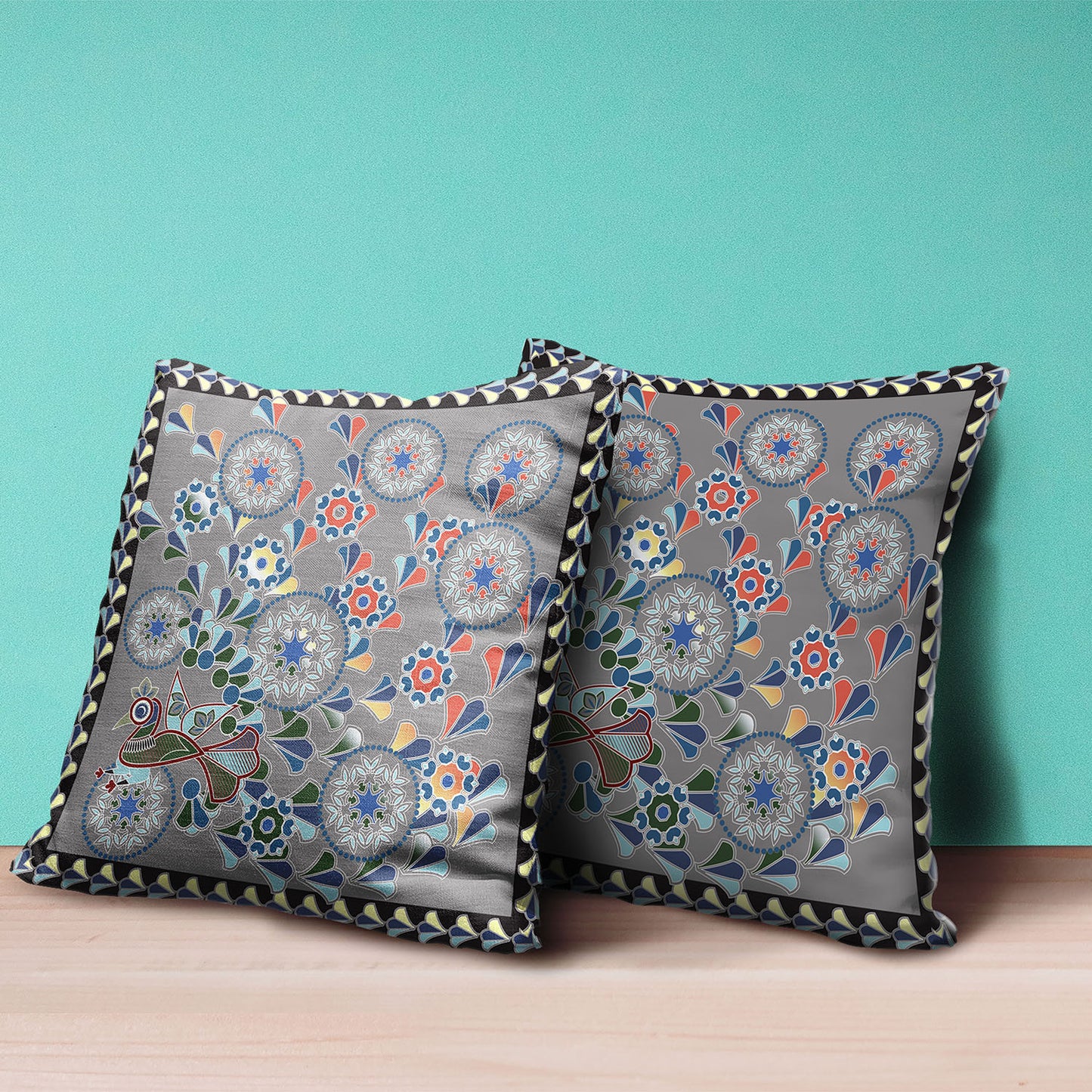 16" X 16" Gray and Yellow Peacock Broadcloth Floral Zippered Pillow
