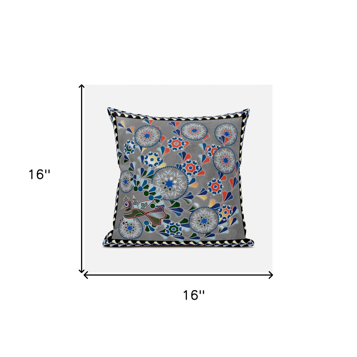 16" X 16" Gray and Yellow Peacock Broadcloth Floral Zippered Pillow