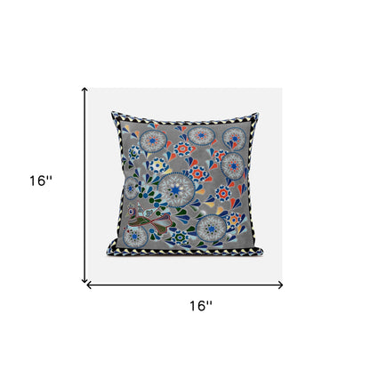 16" X 16" Gray and Yellow Peacock Broadcloth Floral Zippered Pillow