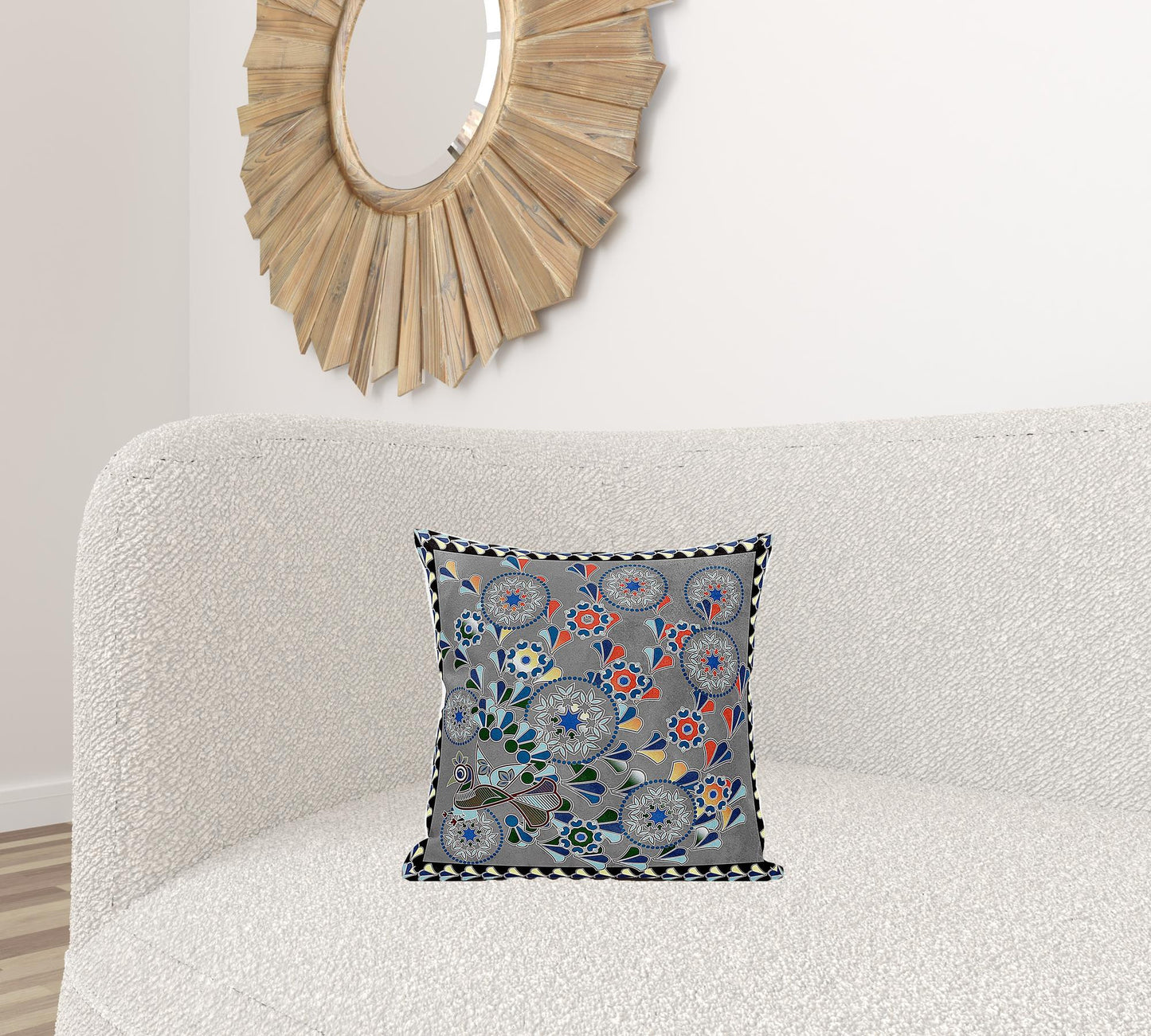 16" X 16" Gray and Yellow Peacock Broadcloth Floral Zippered Pillow