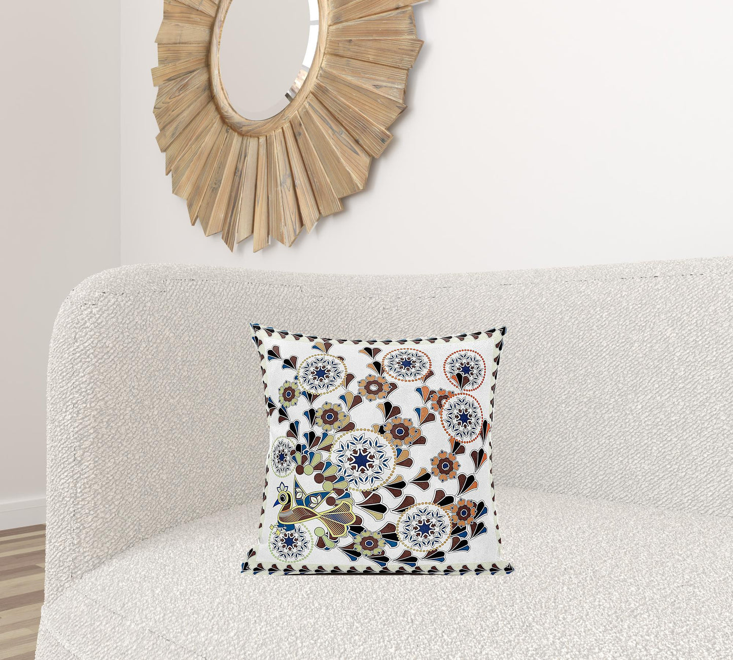18" X 18" Blue and Off White Peacock Broadcloth Floral Zippered Pillow