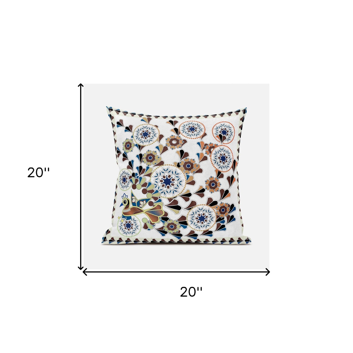 20" X 20" Blue and Off White Peacock Broadcloth Floral Zippered Pillow