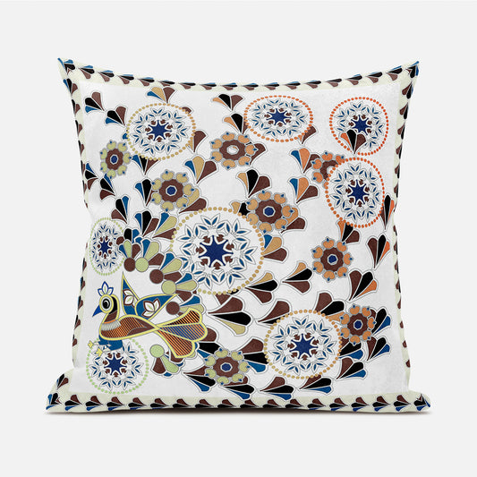 20" X 20" Blue and Off White Peacock Broadcloth Floral Zippered Pillow