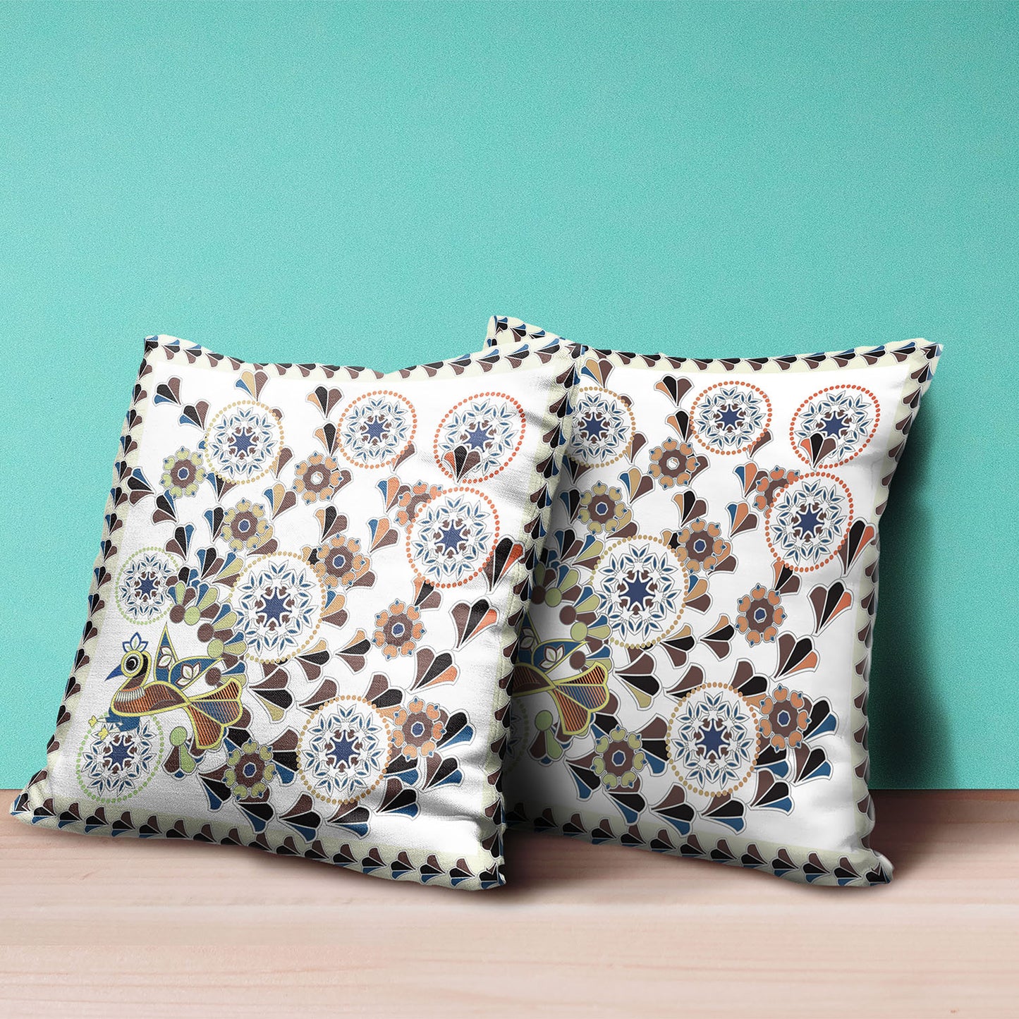 20" X 20" Blue and Off White Peacock Broadcloth Floral Zippered Pillow
