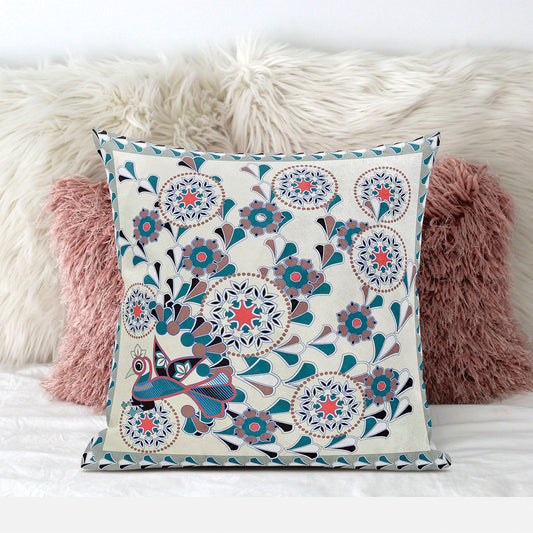 16" X 16" Black and Off White Peacock Broadcloth Floral Zippered Pillow