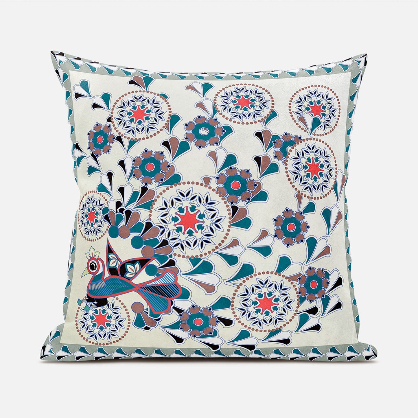 16" X 16" Black and Off White Peacock Broadcloth Floral Zippered Pillow
