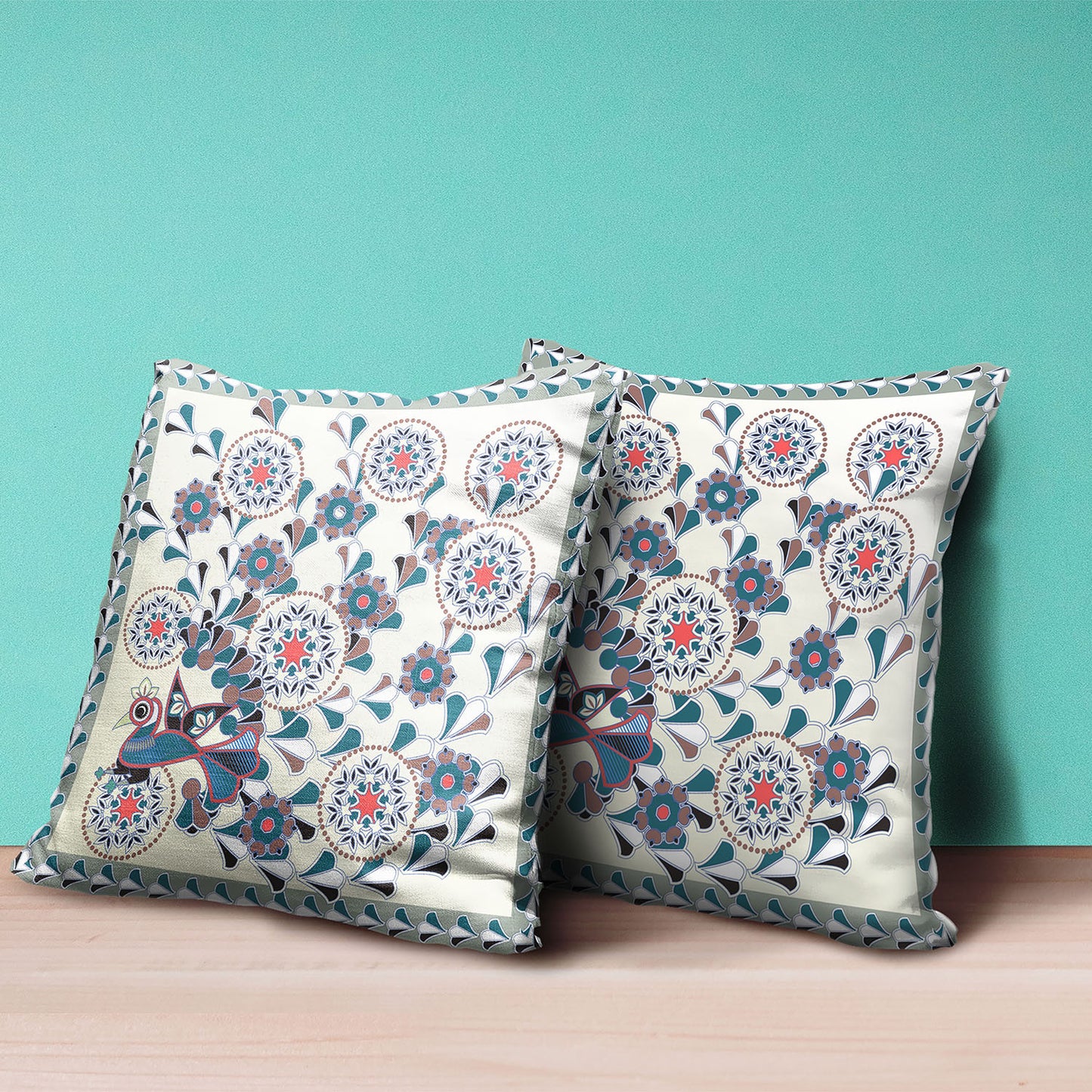 16" X 16" Black and Off White Peacock Broadcloth Floral Zippered Pillow