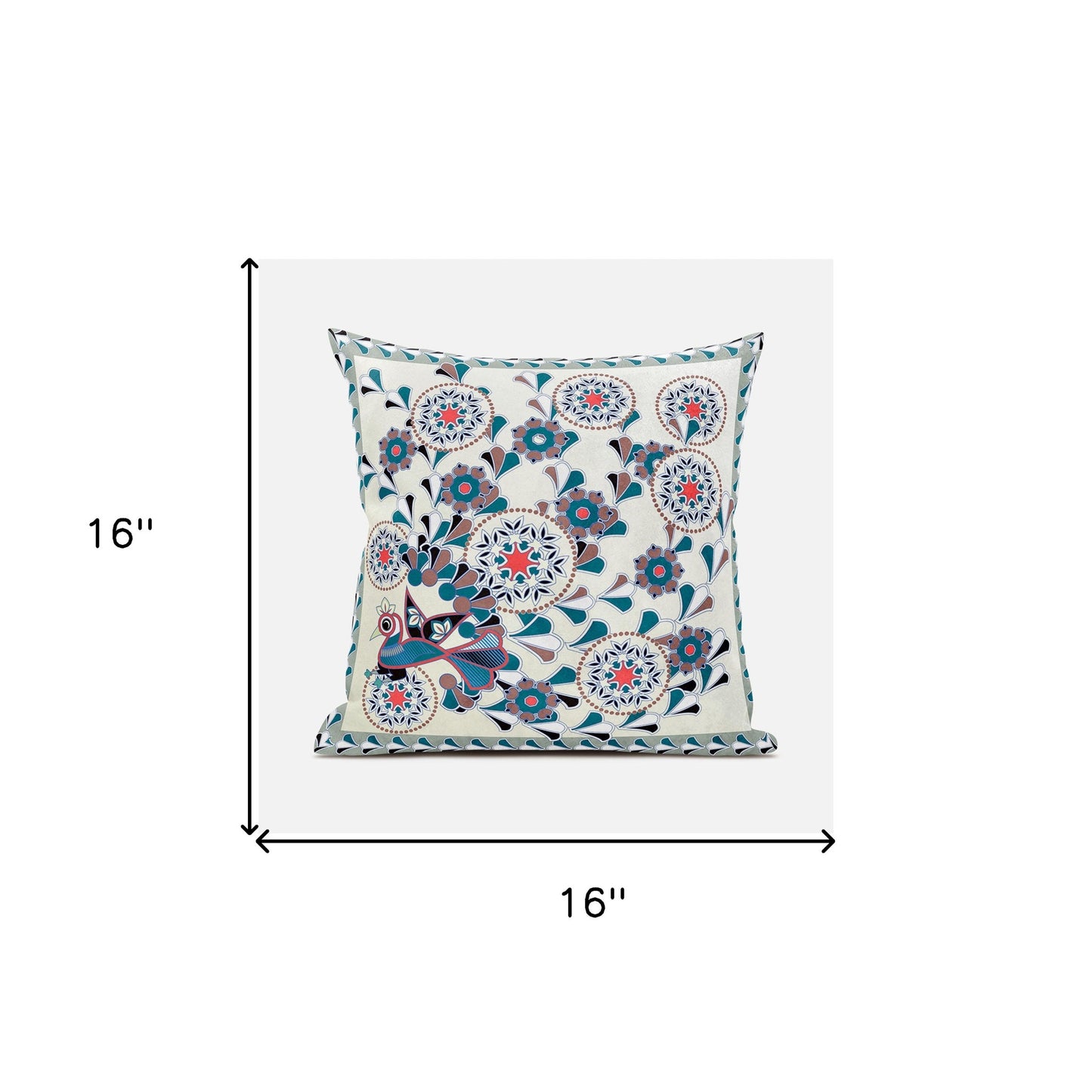 16" X 16" Black and Off White Peacock Broadcloth Floral Zippered Pillow