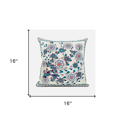16" X 16" Black and Off White Peacock Broadcloth Floral Zippered Pillow