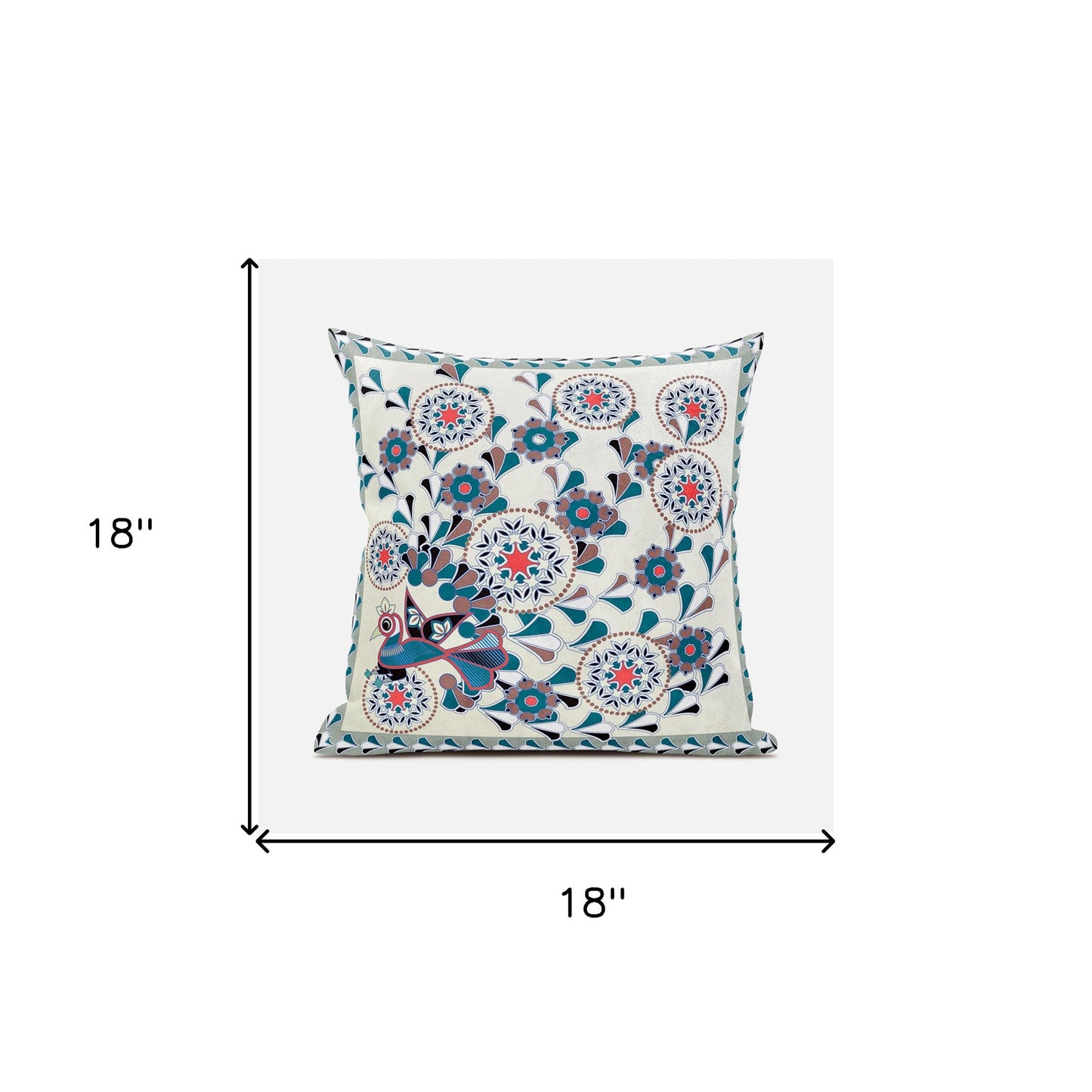 18" X 18" Black and Off White Peacock Broadcloth Floral Zippered Pillow
