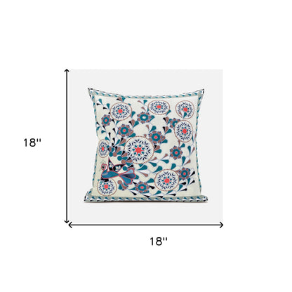 18" X 18" Black and Off White Peacock Broadcloth Floral Zippered Pillow