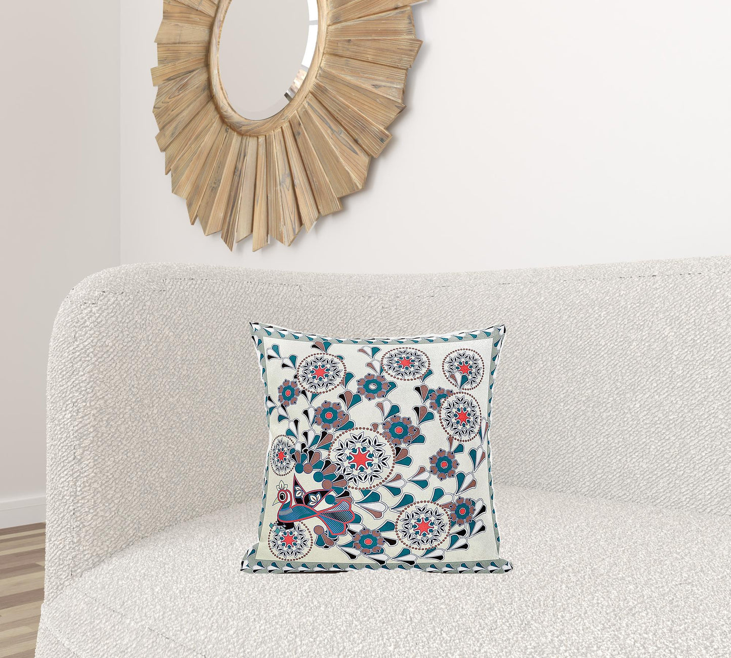 18" X 18" Black and Off White Peacock Broadcloth Floral Zippered Pillow