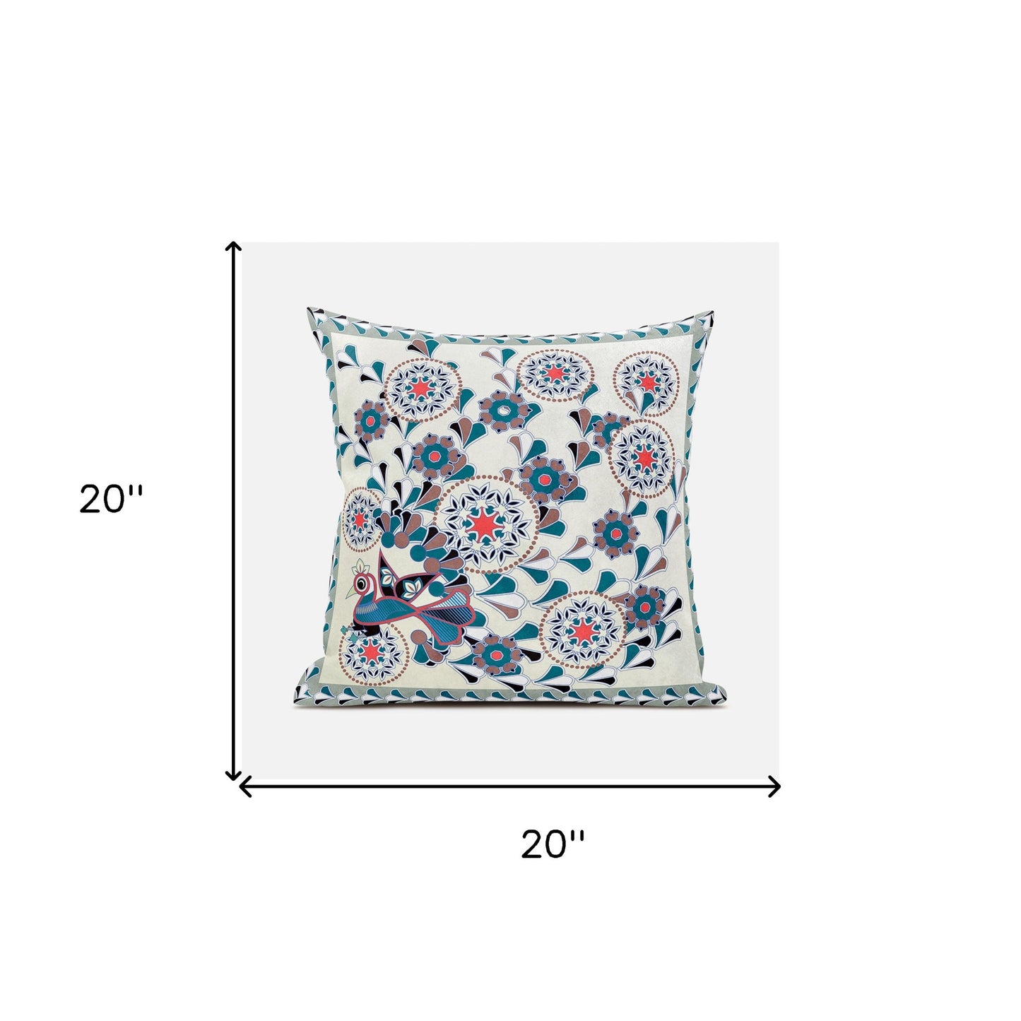 20" X 20" Black and Off White Peacock Broadcloth Floral Zippered Pillow