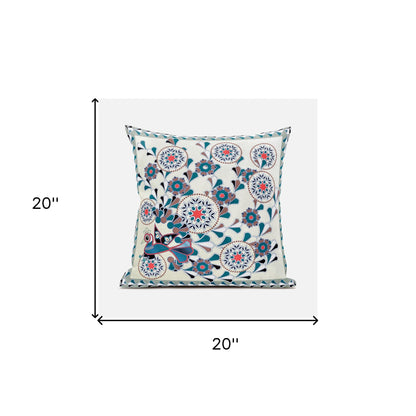 20" X 20" Black and Off White Peacock Broadcloth Floral Zippered Pillow
