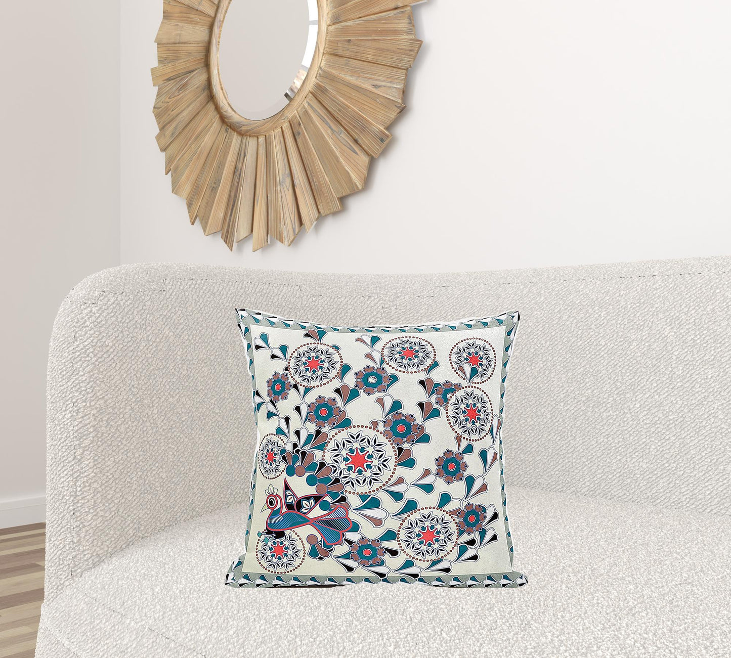 20" X 20" Black and Off White Peacock Broadcloth Floral Zippered Pillow