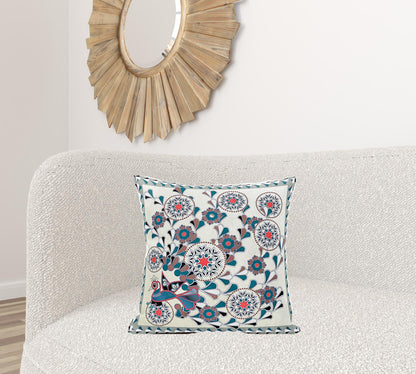 20" X 20" Black and Off White Peacock Broadcloth Floral Zippered Pillow