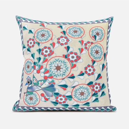 18" X 18" Green and Red Peacock Broadcloth Floral Zippered Pillow