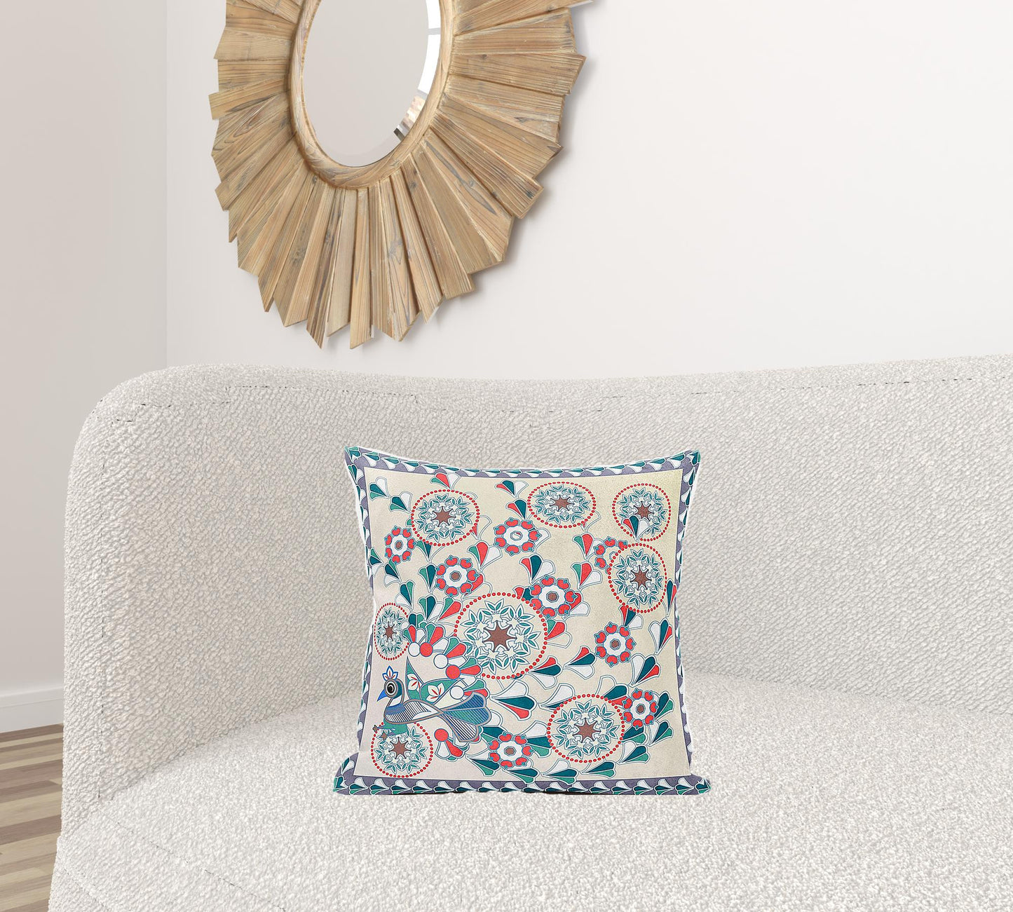 18" X 18" Green and Red Peacock Broadcloth Floral Zippered Pillow