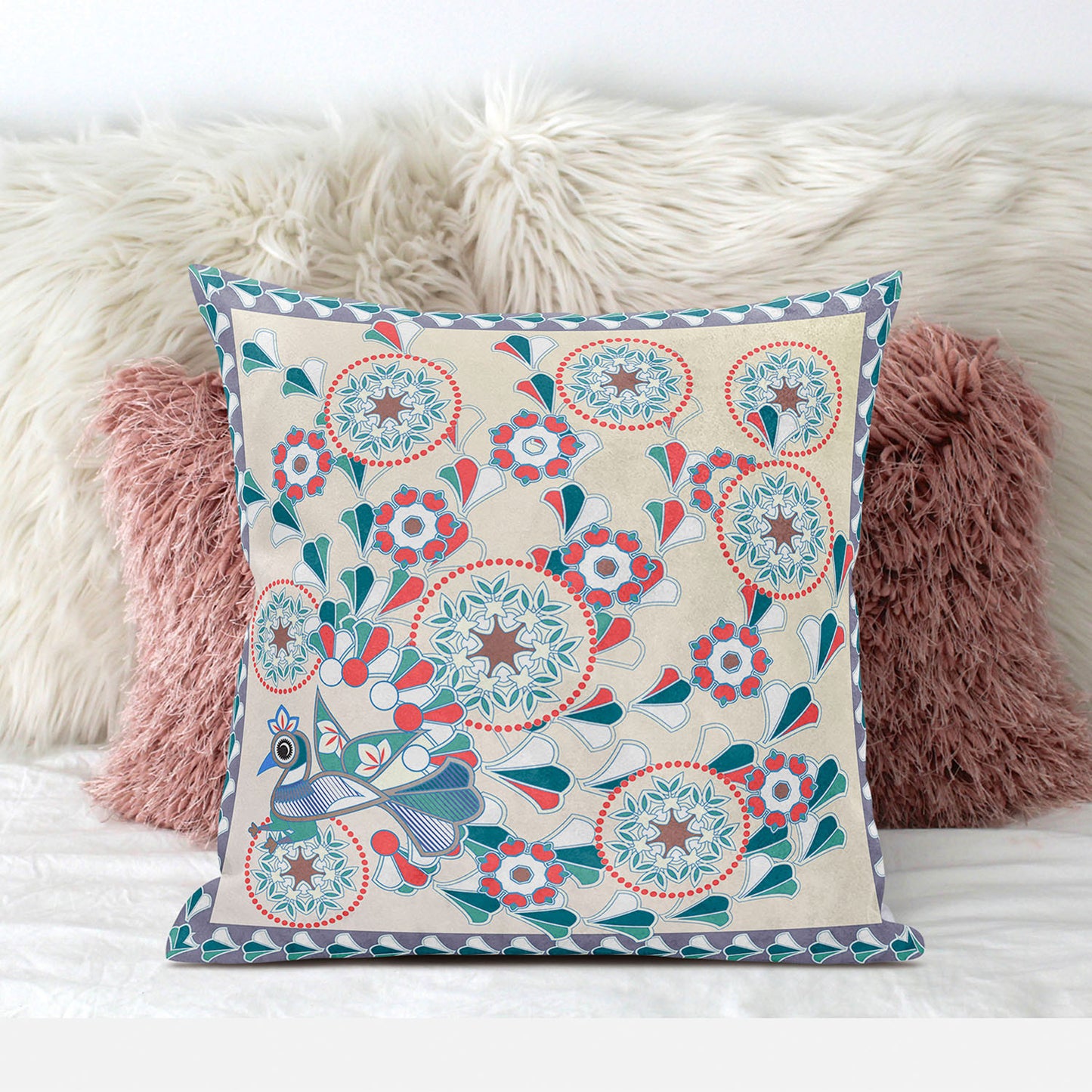 20" X 20" Green and Red Peacock Broadcloth Floral Zippered Pillow