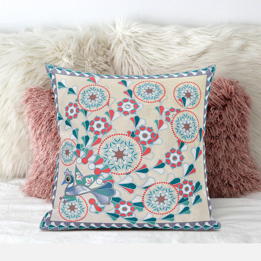 20" X 20" Green and Red Peacock Broadcloth Floral Zippered Pillow