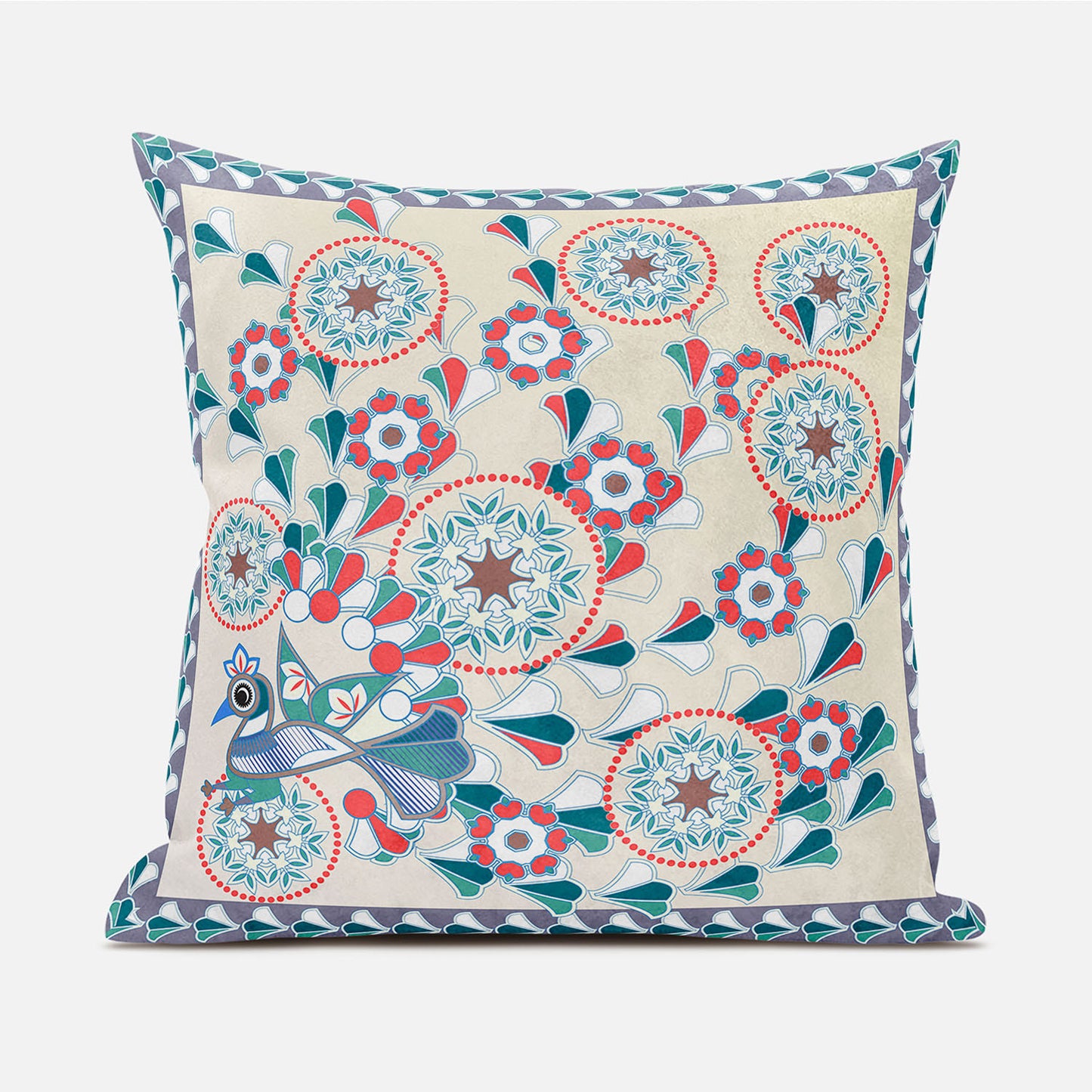 20" X 20" Green and Red Peacock Broadcloth Floral Zippered Pillow