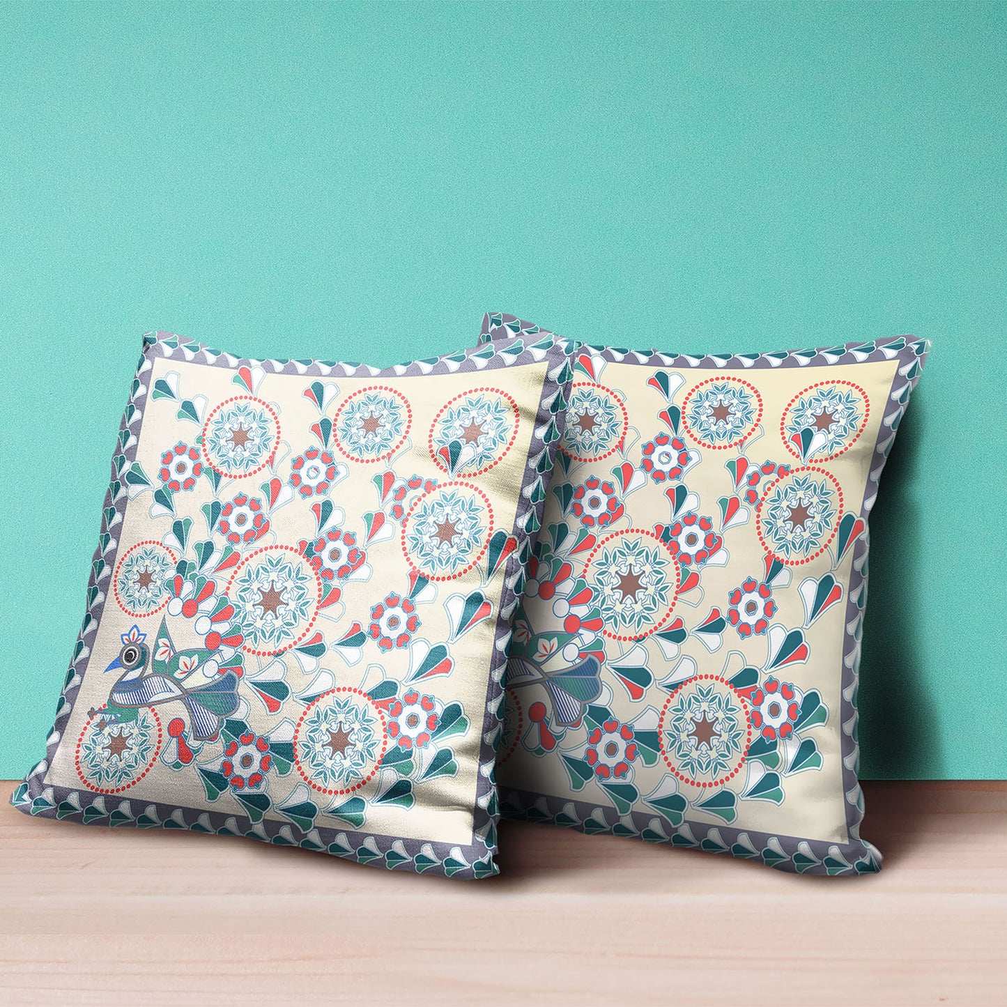 20" X 20" Green and Red Peacock Broadcloth Floral Zippered Pillow