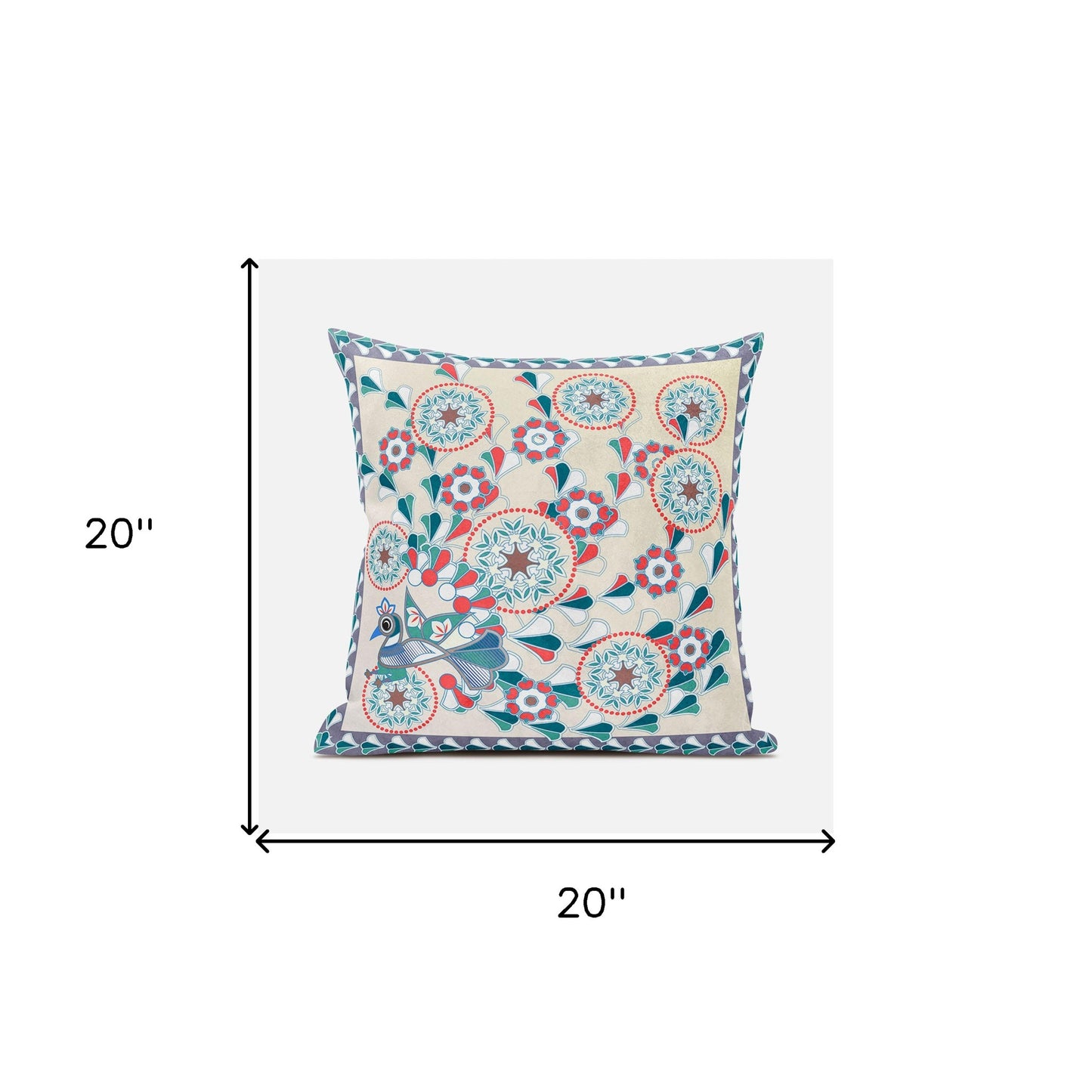 20" X 20" Green and Red Peacock Broadcloth Floral Zippered Pillow
