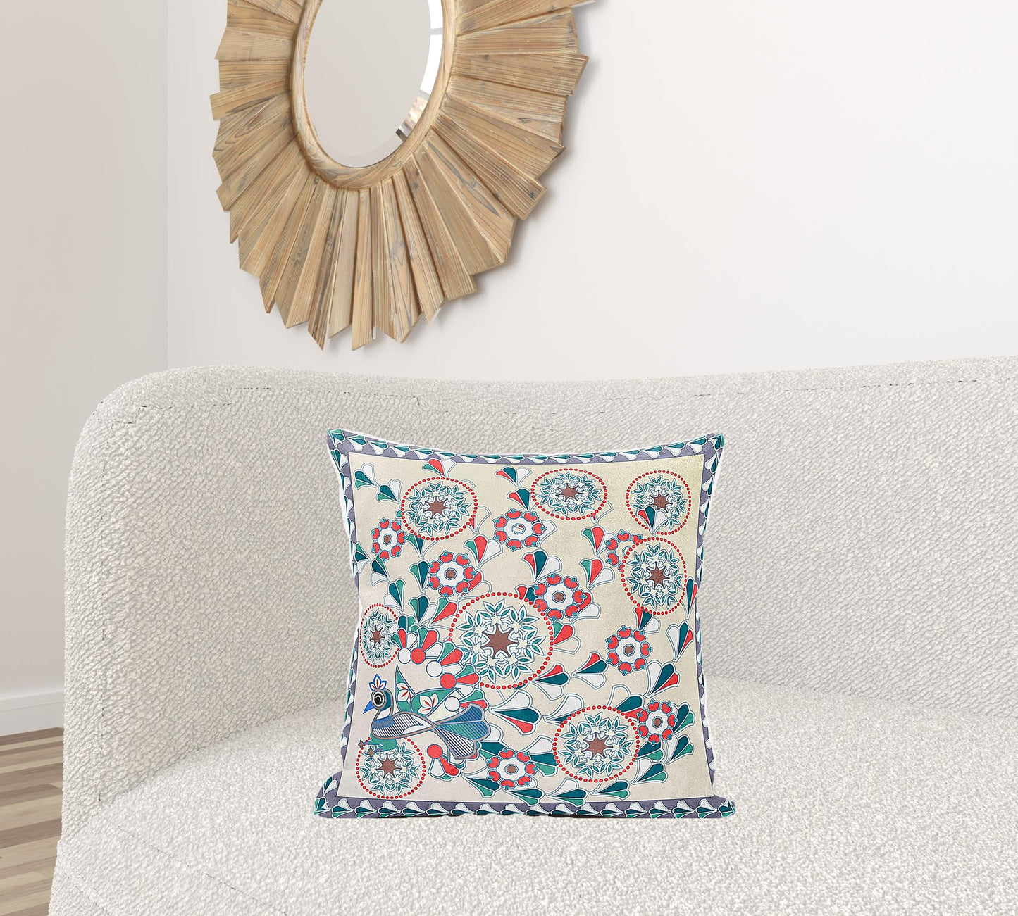 20" X 20" Green and Red Peacock Broadcloth Floral Zippered Pillow