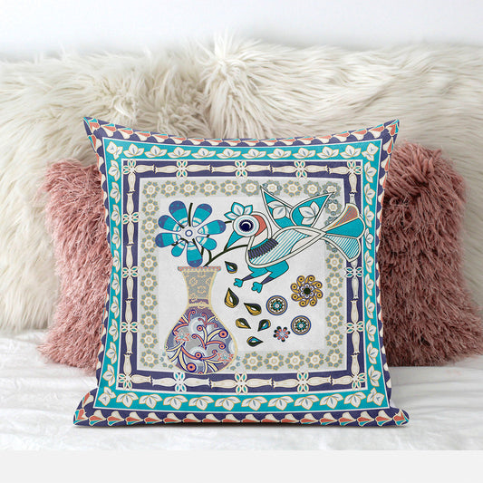 16" X 16" Pink and Purple Peacock Broadcloth Floral Zippered Pillow