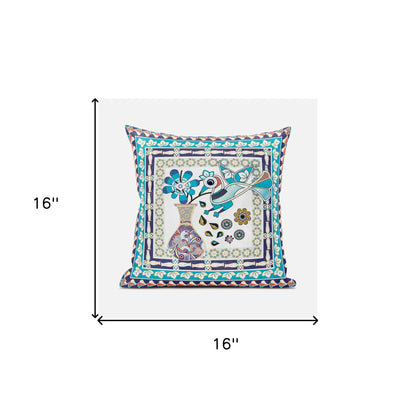 16" X 16" Pink and Purple Peacock Broadcloth Floral Zippered Pillow