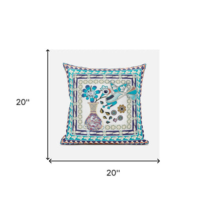 20" X 20" Pink and Purple Peacock Broadcloth Floral Zippered Pillow