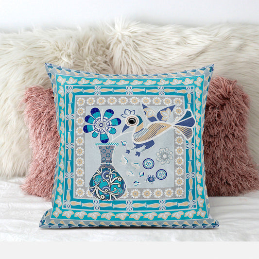 16" X 16" Blue and Gold Peacock Broadcloth Floral Zippered Pillow