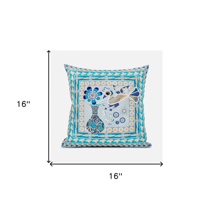 16" X 16" Blue and Gold Peacock Broadcloth Floral Zippered Pillow